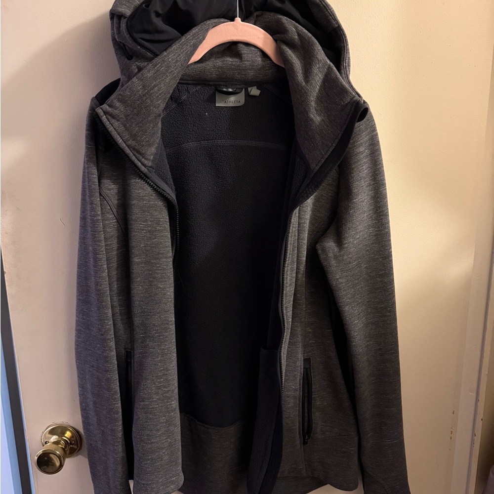 Athleta Gray Utility Jacket with Hood and Full-Length Zipper
